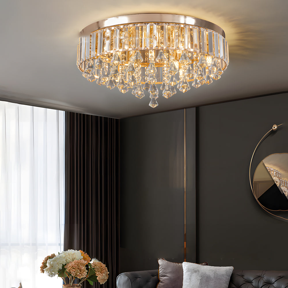 Gold crystal flush mount light providing ambient lighting in a stylish living room.