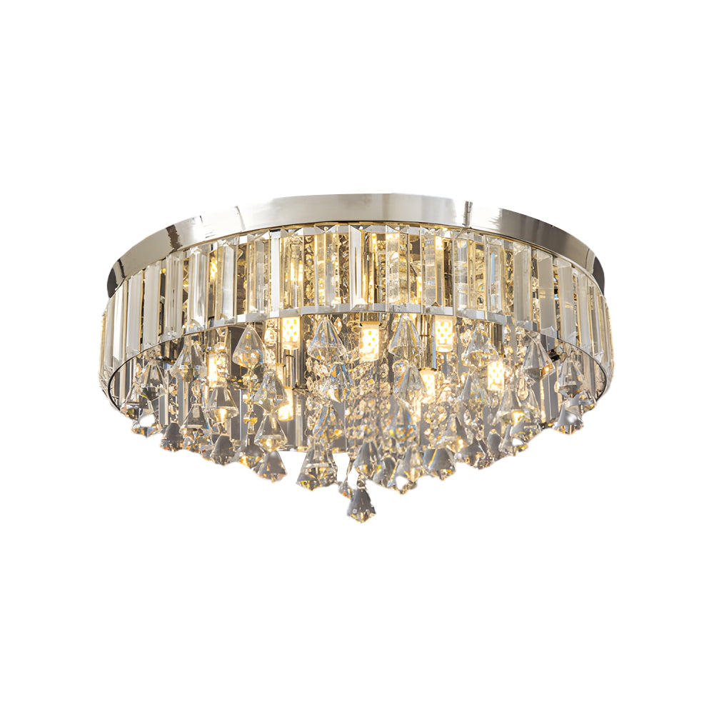 Close-up of gold crystal flush mount light showcasing its sparkling crystal details.