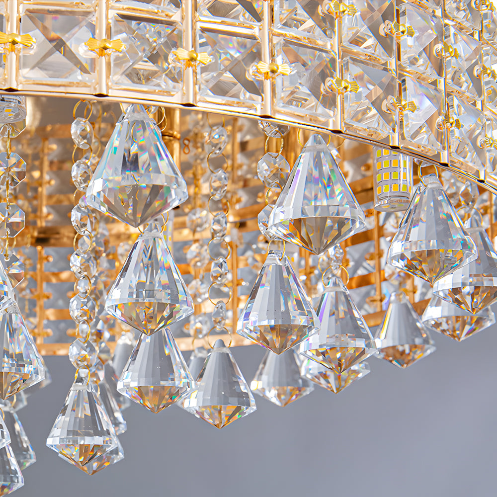 Gold crystal flush mount light with elegant crystal details, enhancing a contemporary space.