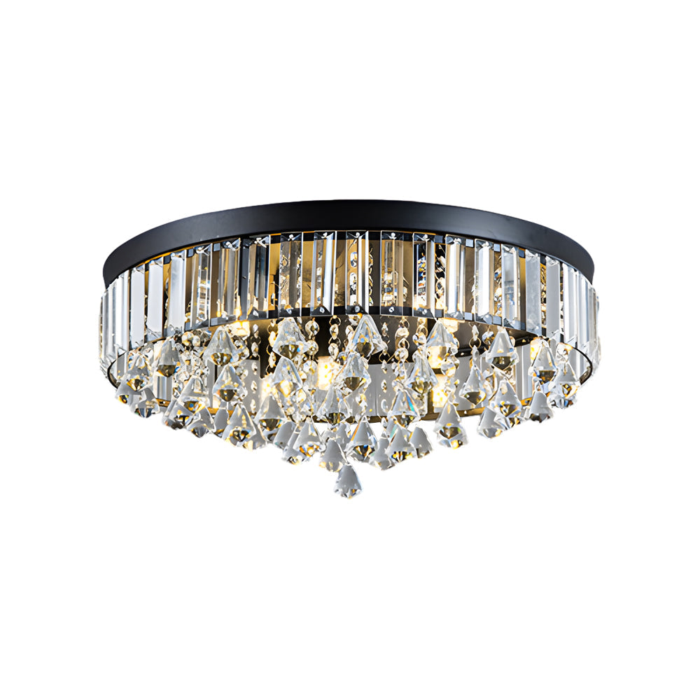 Gold crystal flush mount light with intricate crystal details, enhancing a modern interior.