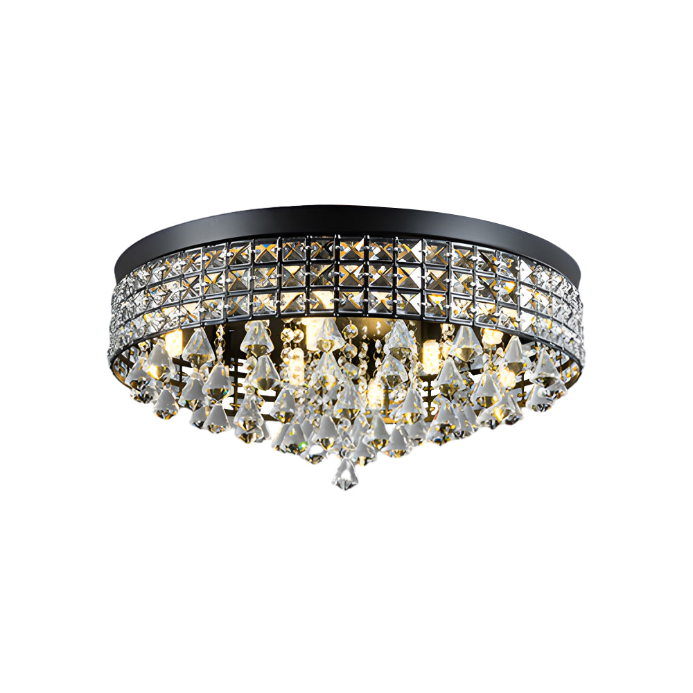 Gold crystal flush mount light with a luxurious design, mounted on a stylish ceiling.