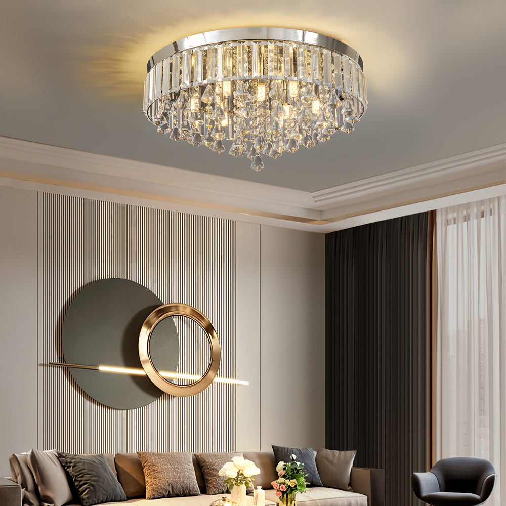 Gold crystal flush mount light with a sleek design, mounted on a modern ceiling.