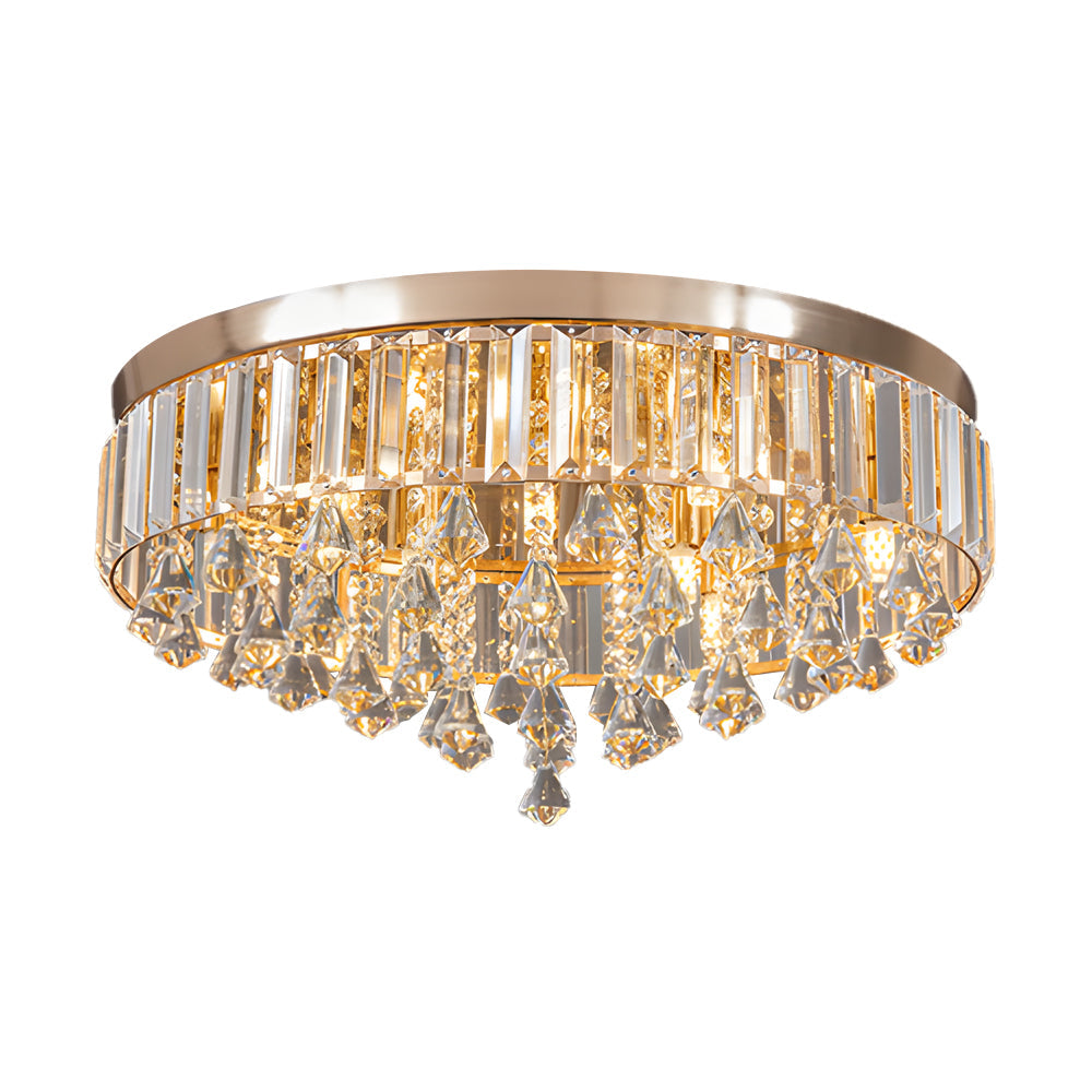 Gold crystal flush mount light with a sleek design, providing warm illumination.