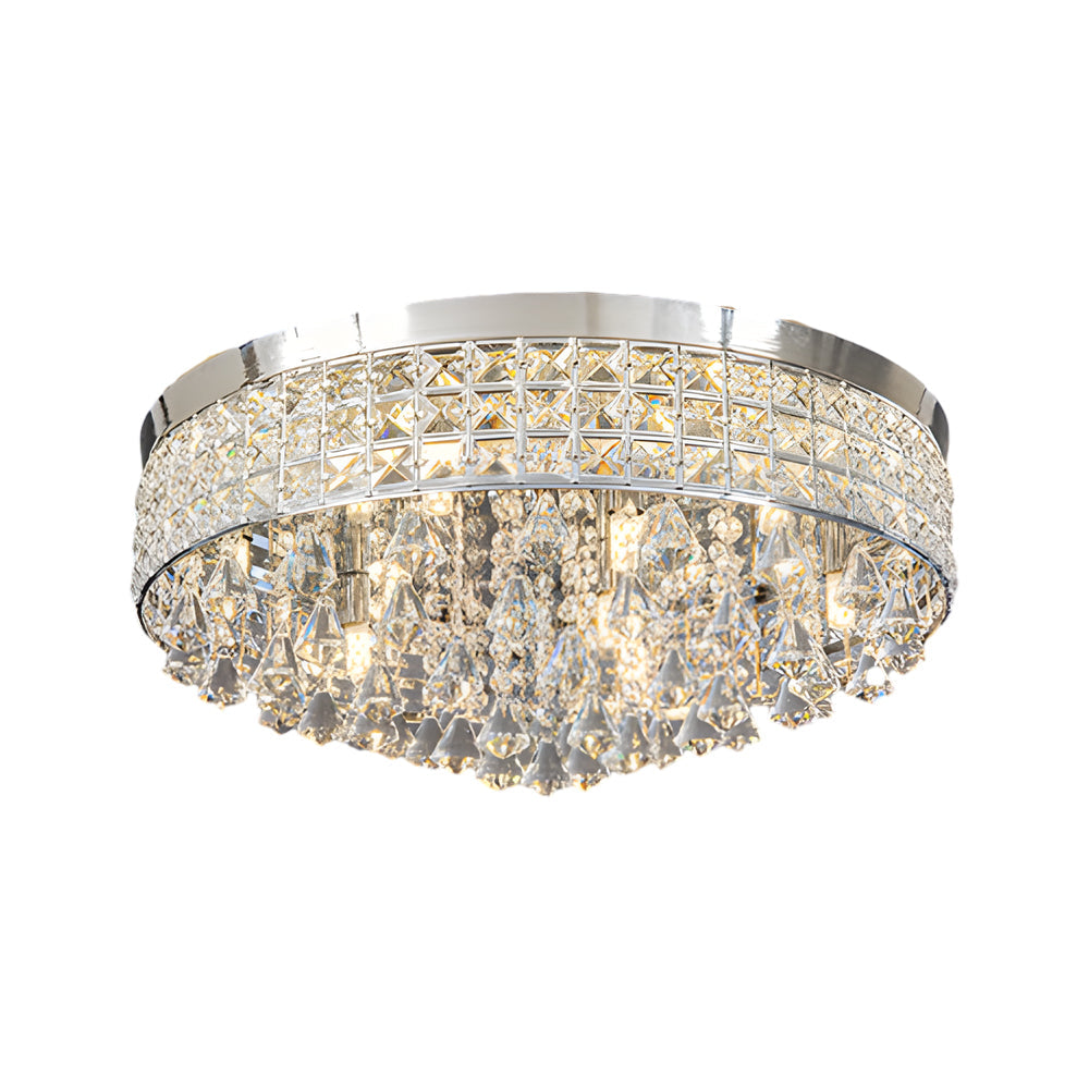 Gold crystal flush mount light with sparkling crystals, providing ambient lighting.