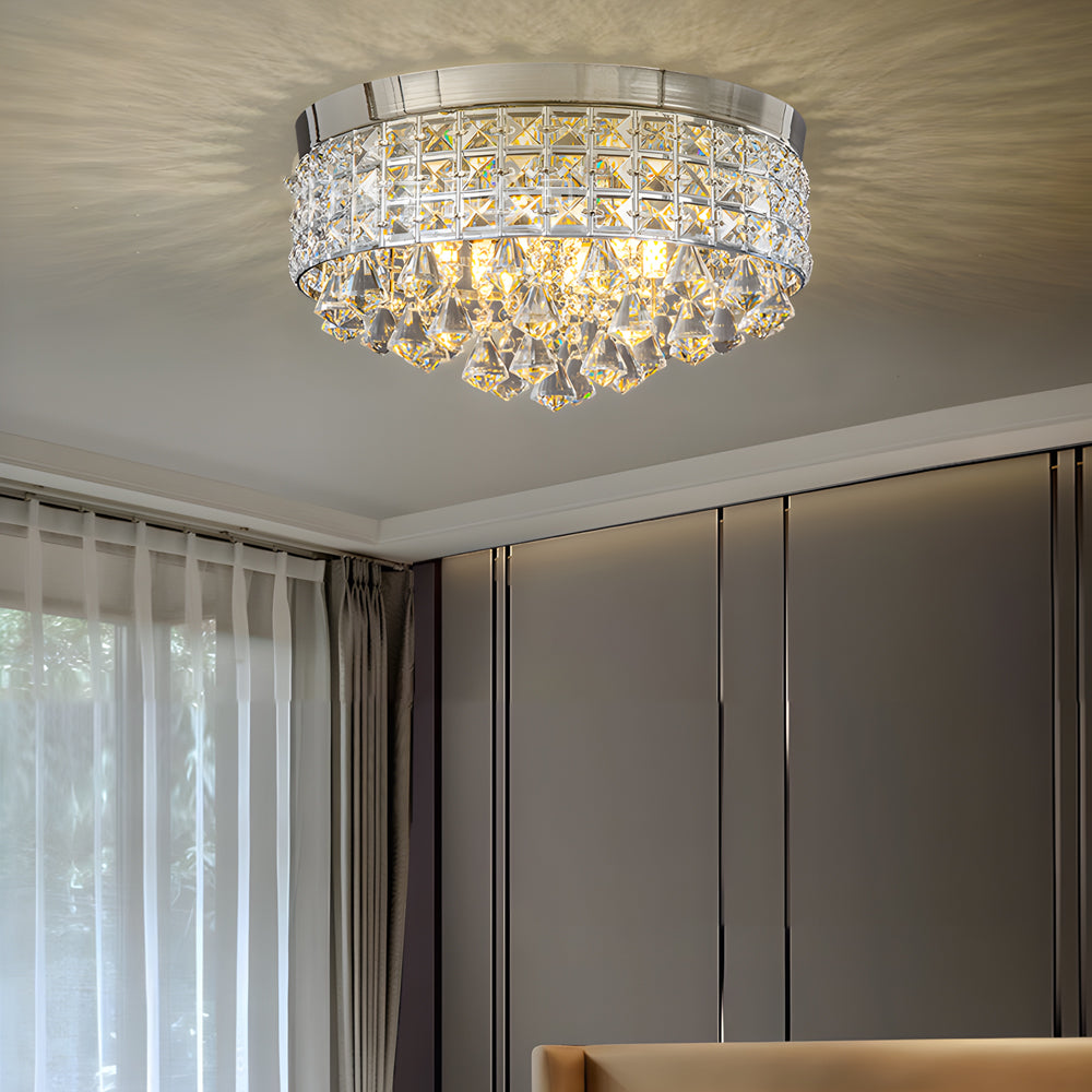 Gold crystal flush mount light with sparkling crystals, mounted in a stylish dining room.