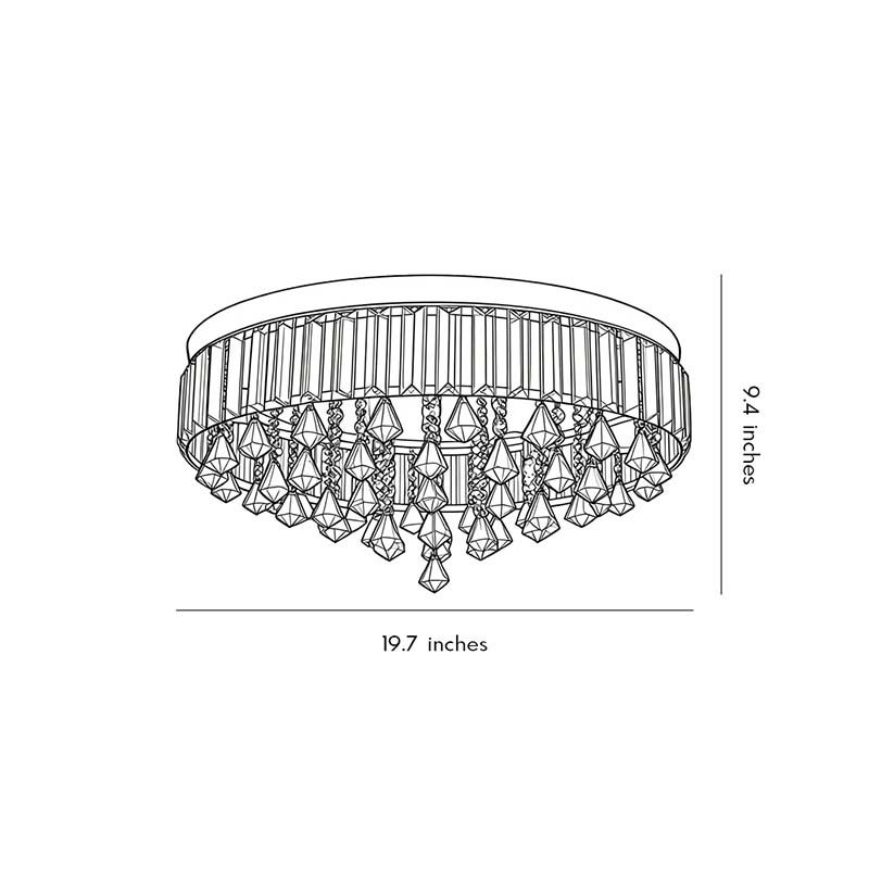 Technical diagram of gold crystal flush mount light showing dimensions and installation details.