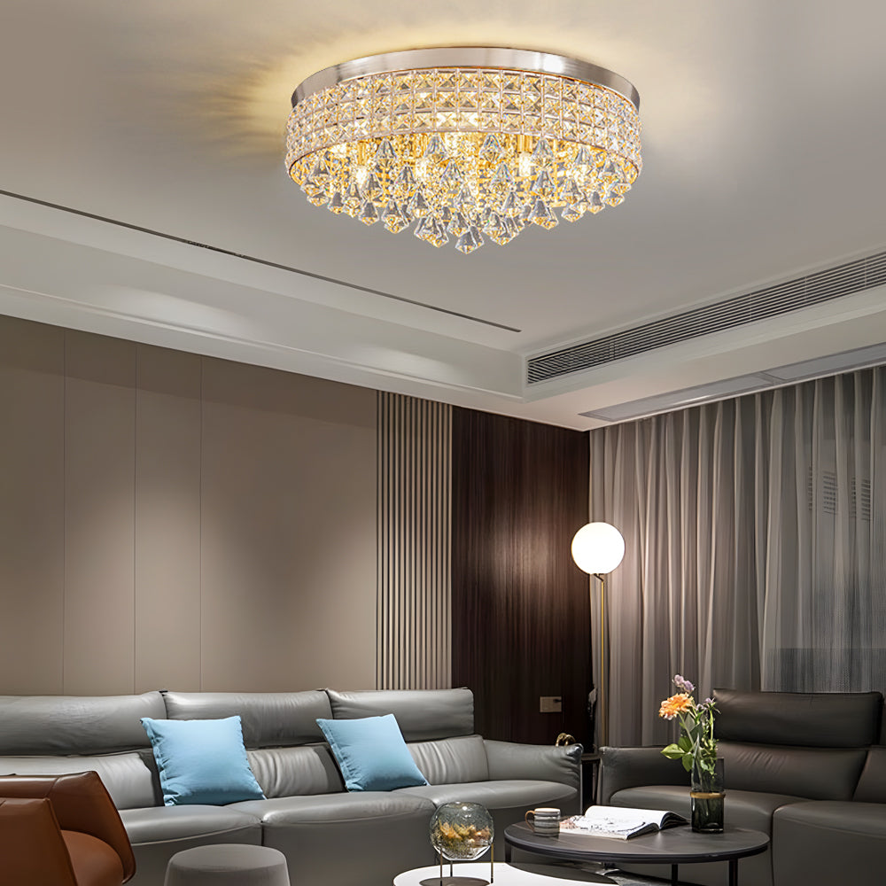 Gold crystal flush mount light providing warm illumination in a contemporary interior.