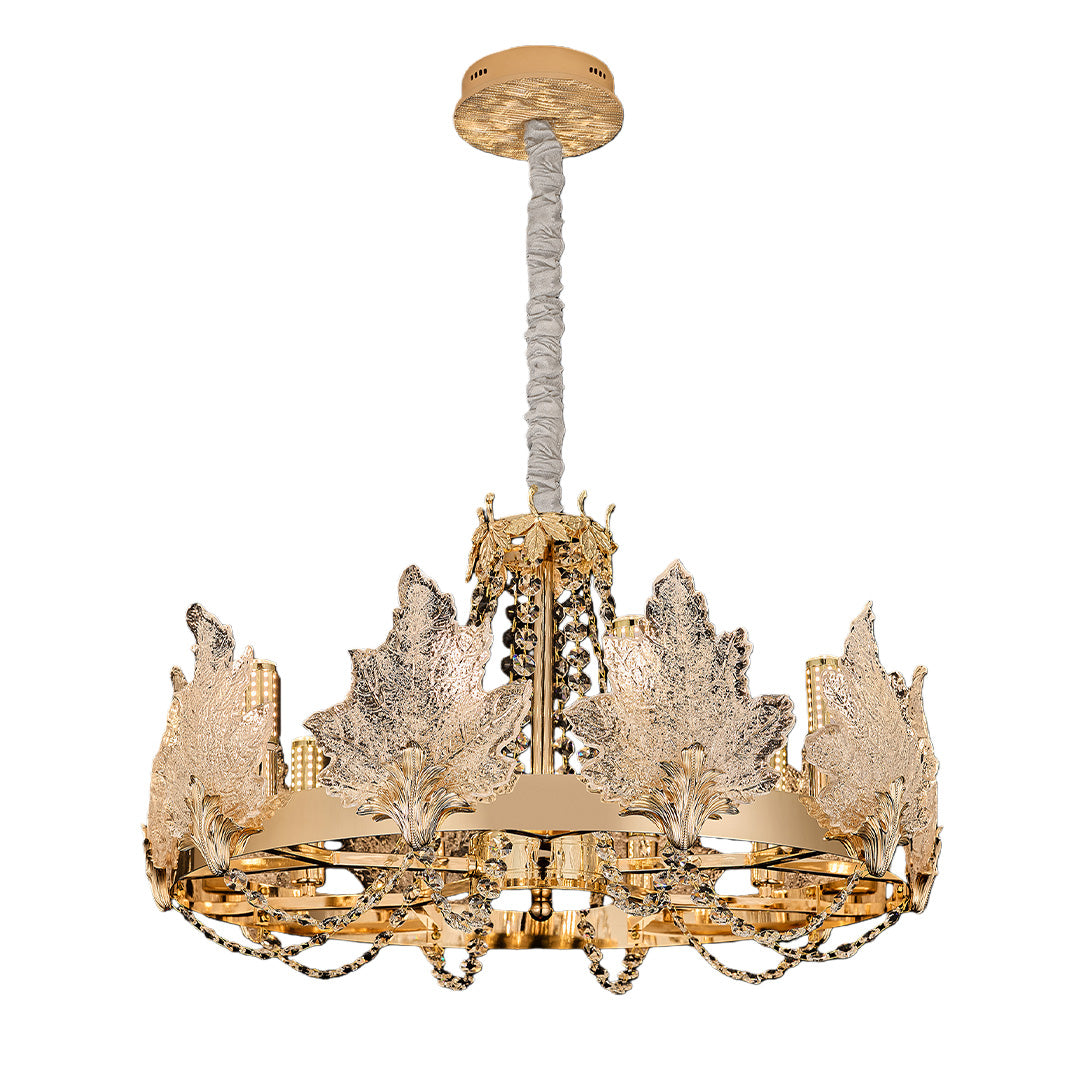 Gold French chandelier featuring intricate crystal leaves and beaded detailing.