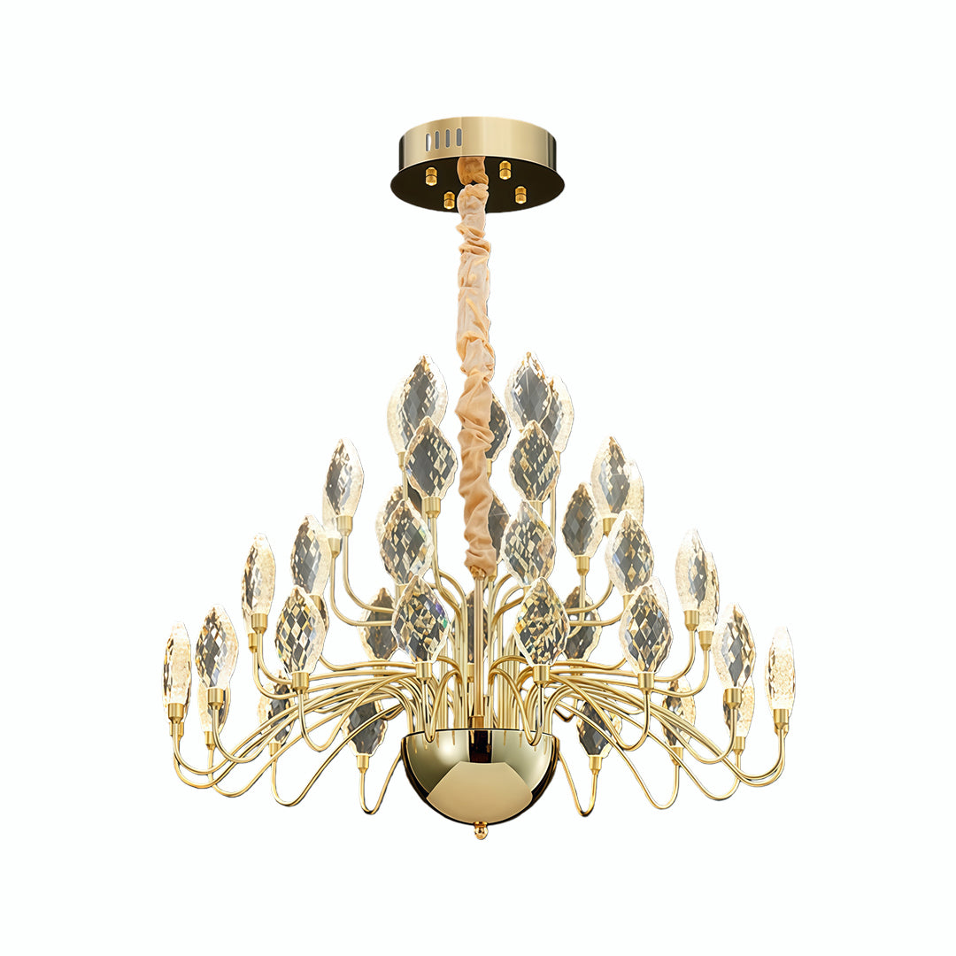 Round gold crystal gold LED chandelier with teardrop crystals.