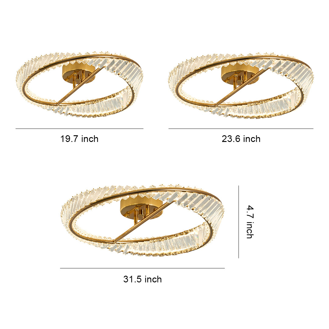 Gold crystal mobius light fixture with twisted ring design and crystal embellishments shown in multiple sizes