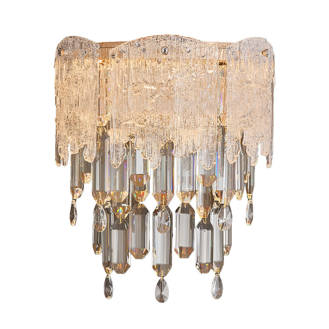 Luxury gold crystal wall sconce featuring layered crystal prisms and teardrop pendants.