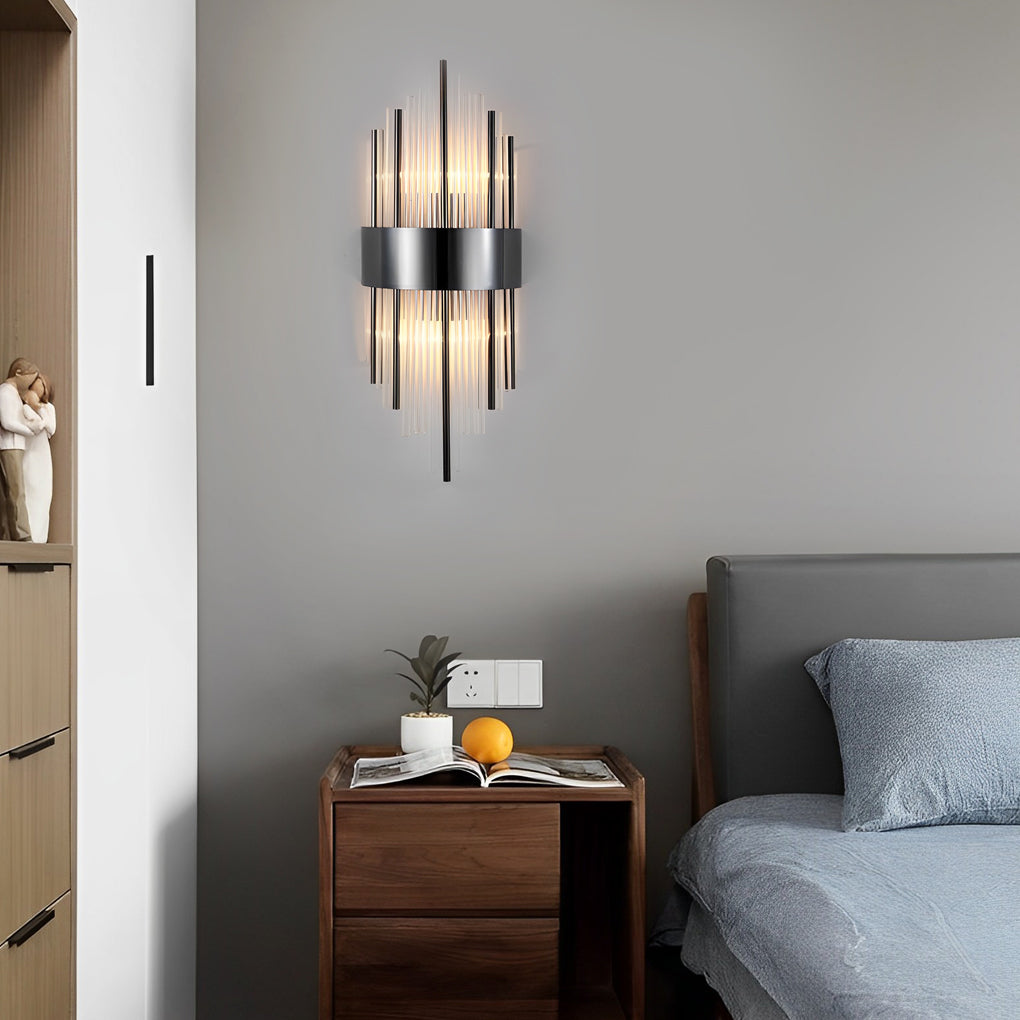 Gold and crystal wall sconces with a close-up of their intricate gold and crystal details.