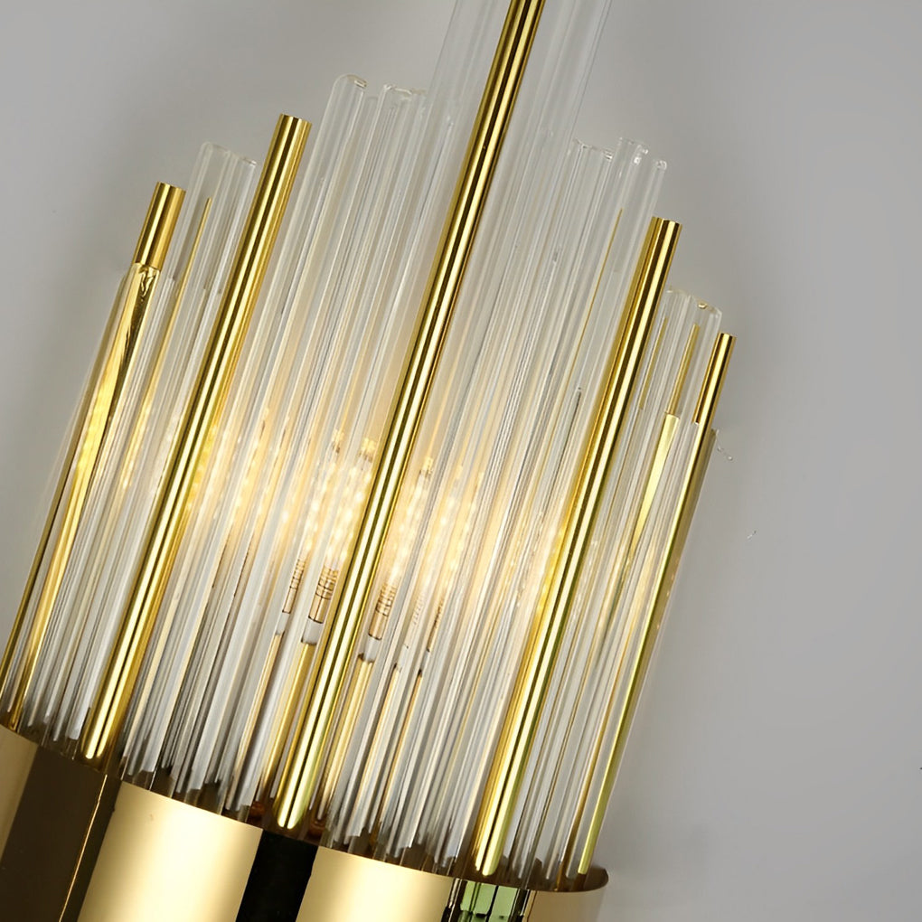 Gold and crystal wall sconces with a close-up of their vertical gold and crystal arrangement.