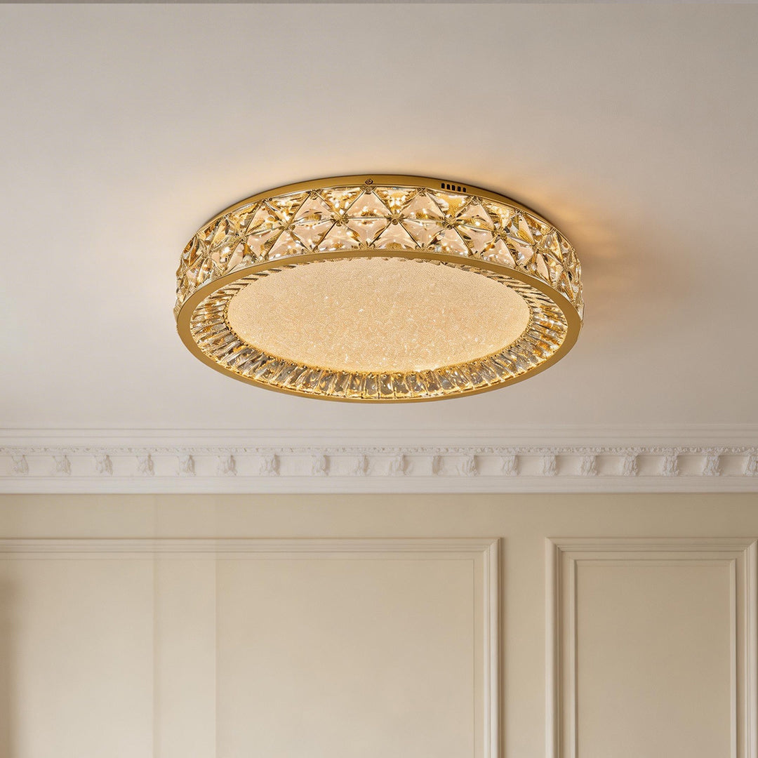 Elegant decorative flush mount ceiling lights with a gold crystal ring and a sparkling center.