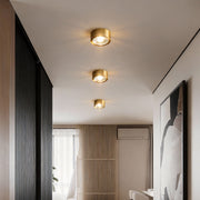 Gold surface mounted downlights installed in a modern hallway ceiling.