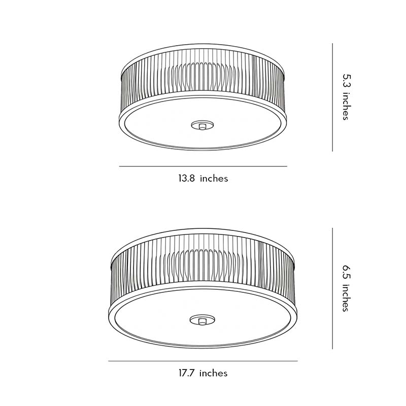 Technical diagram showing dimensions and structure of gold drum ceiling light models.
