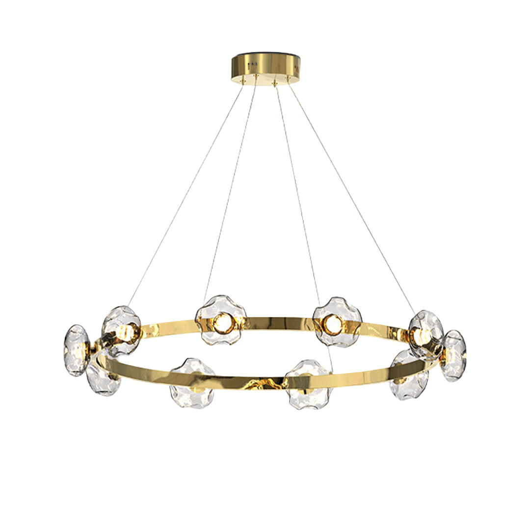 Gold finish ring chandelier with suspended glass elements providing elegant overhead illumination
