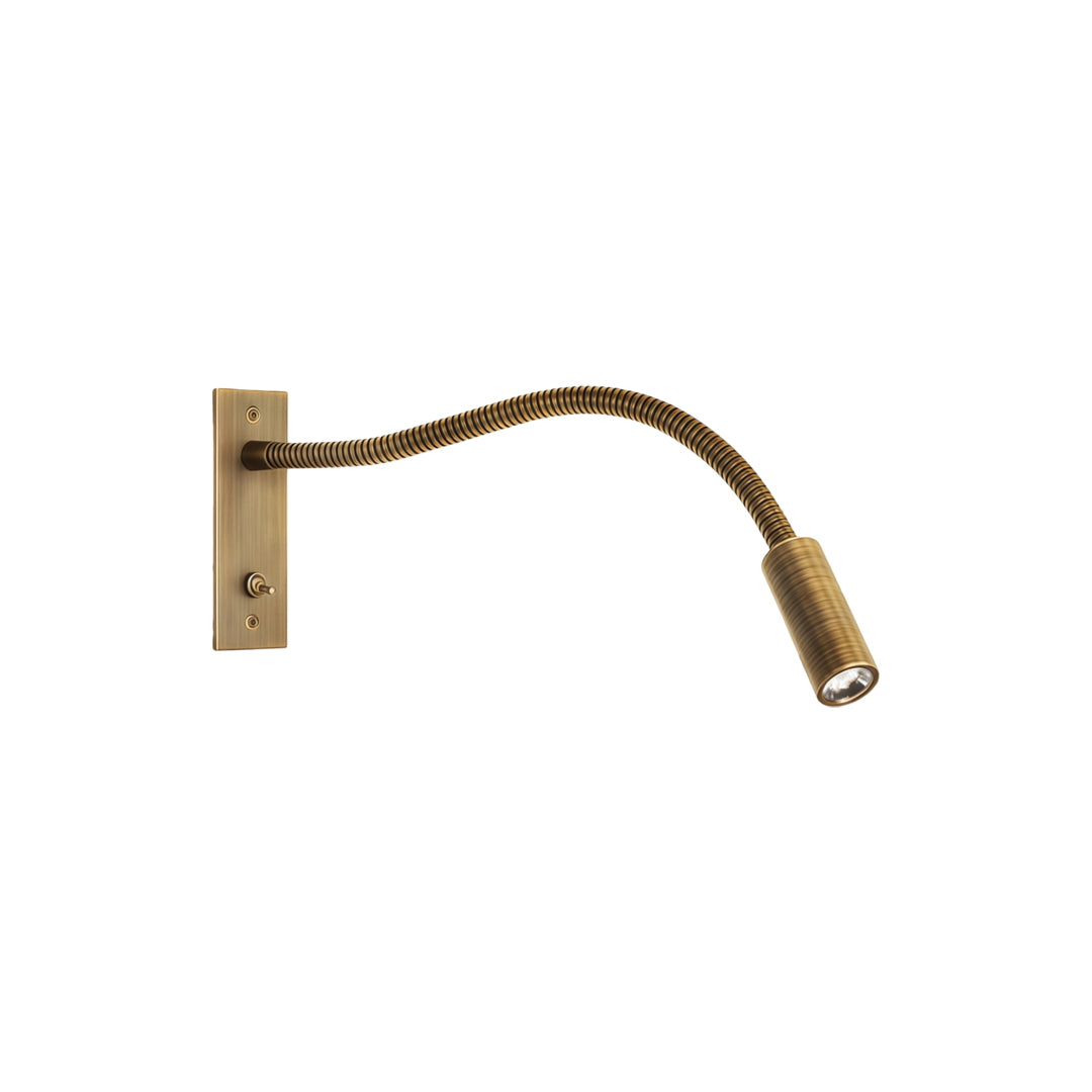Gold flexible swing arm wall mount light with integrated LED spotlight.