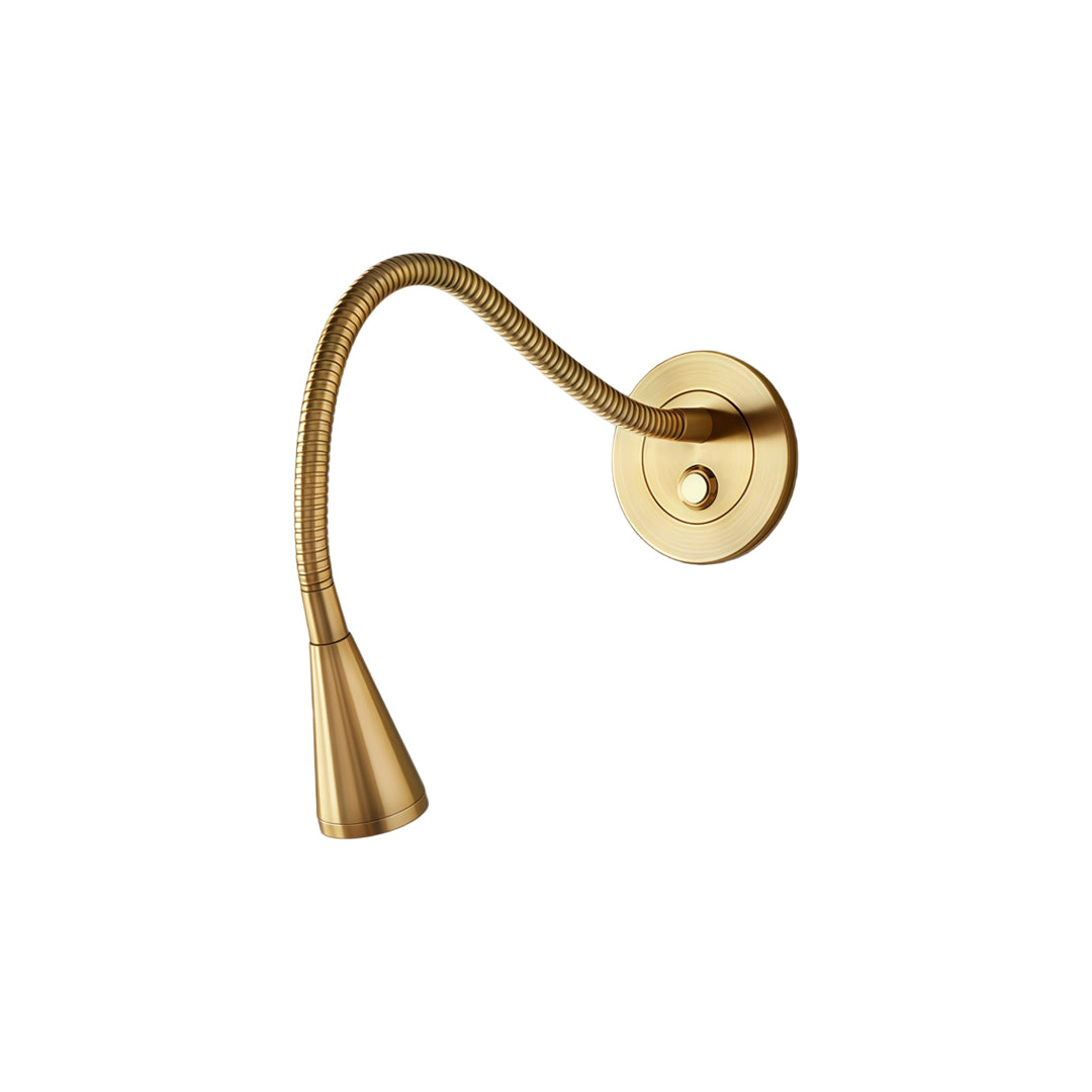 Gold flexible wall light with swing arm and integrated LED reading spotlight.