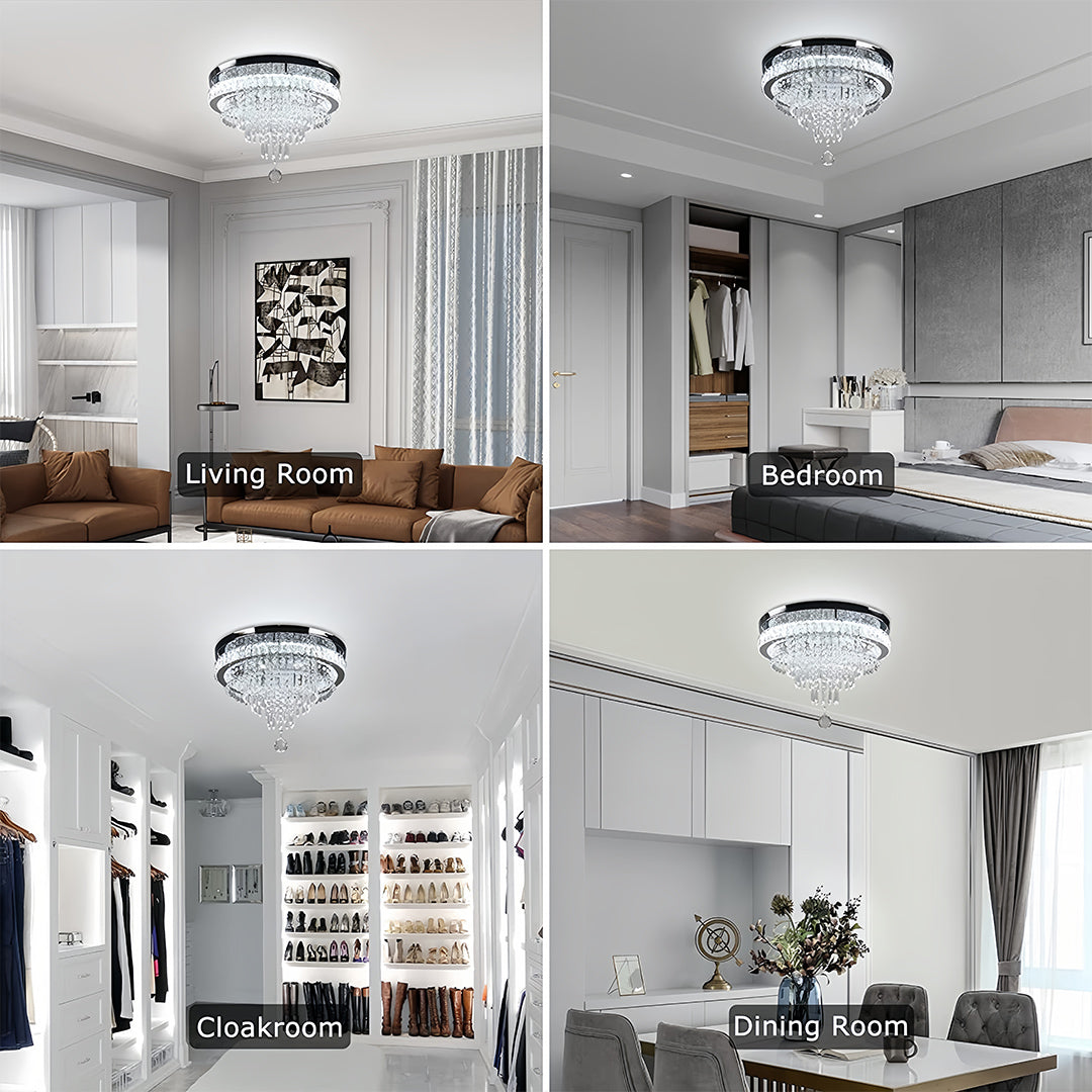 Gold flush mount light fixtures displayed in multiple room settings showing versatile lighting applications