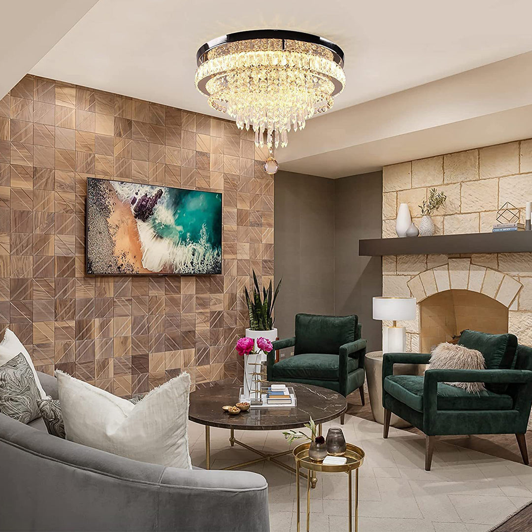 Gold flush mount light creating luxurious ambiance in elegant living room with neutral furniture and textures