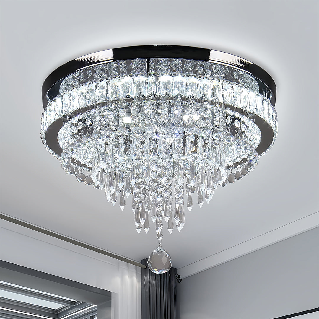Gold flush mount light installed in modern hallway creating elegant overhead illumination with crystal sparkle