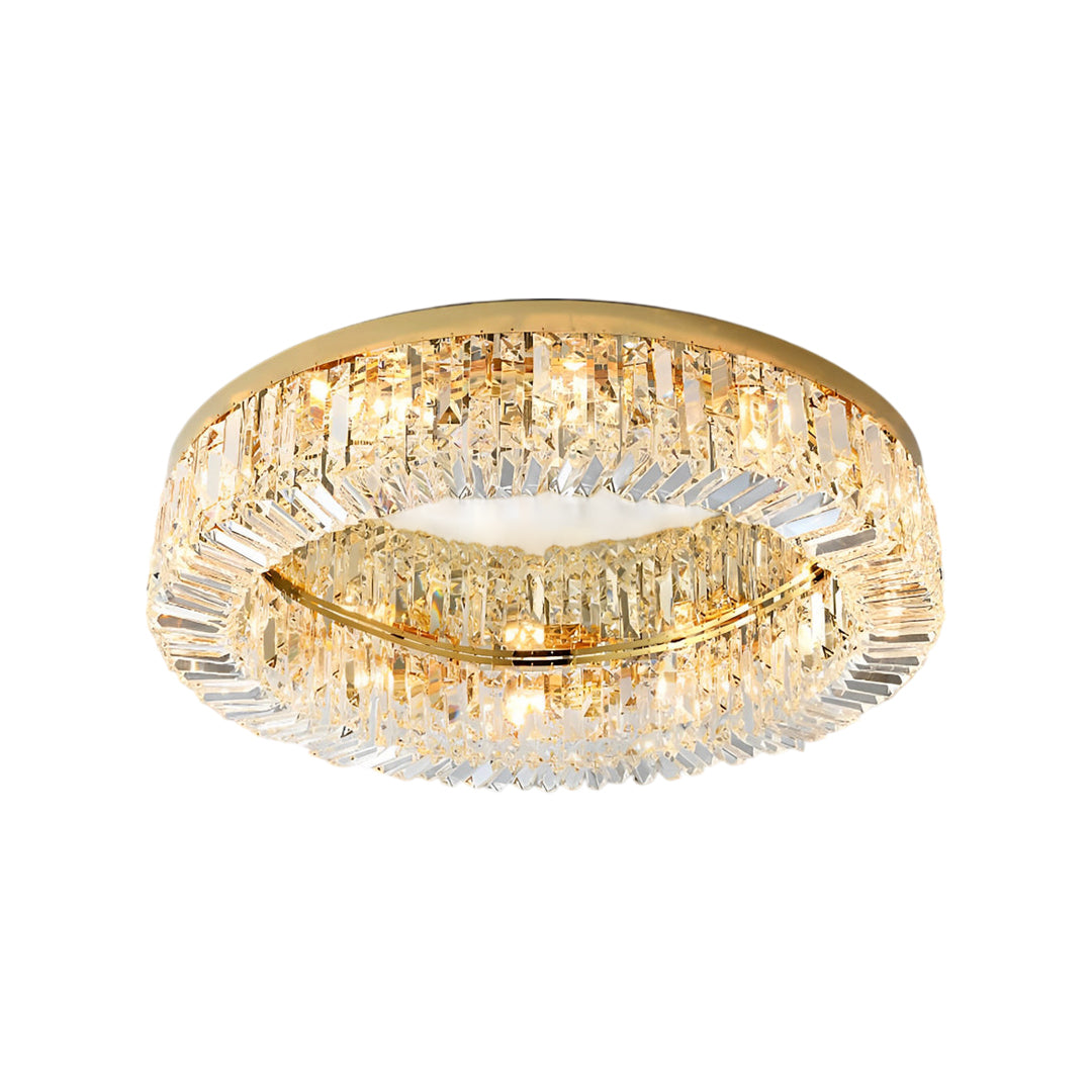 Flush mount gold modern crystal ceiling light featuring a sparkling crystal ring design isolated on a white background.
