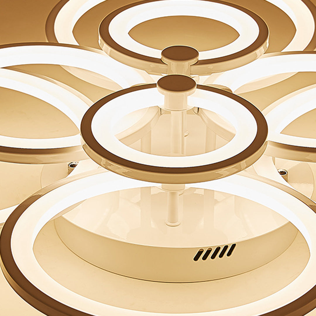Close up view of gold finish frame and LED diffuser on multi ring ceiling lights.