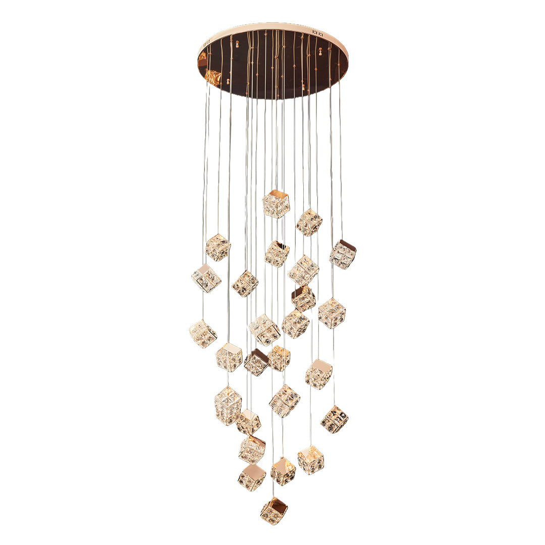 Gold geometric stairs chandelier with multiple hanging crystal pendants.