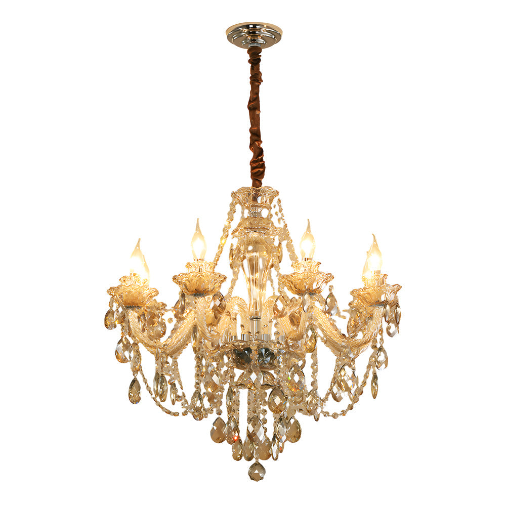 Gold glass candlelight chandelier with an ornate crystal design shown on a white background.