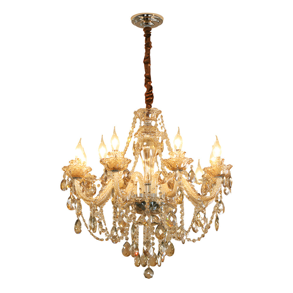 Gold glass candlelight chandelier with crystal drops and candle bulbs shown on white.