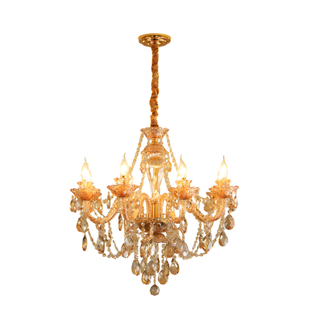 Gold glass candlelight chandelier with crystal drops and candle bulbs shown on a white background.