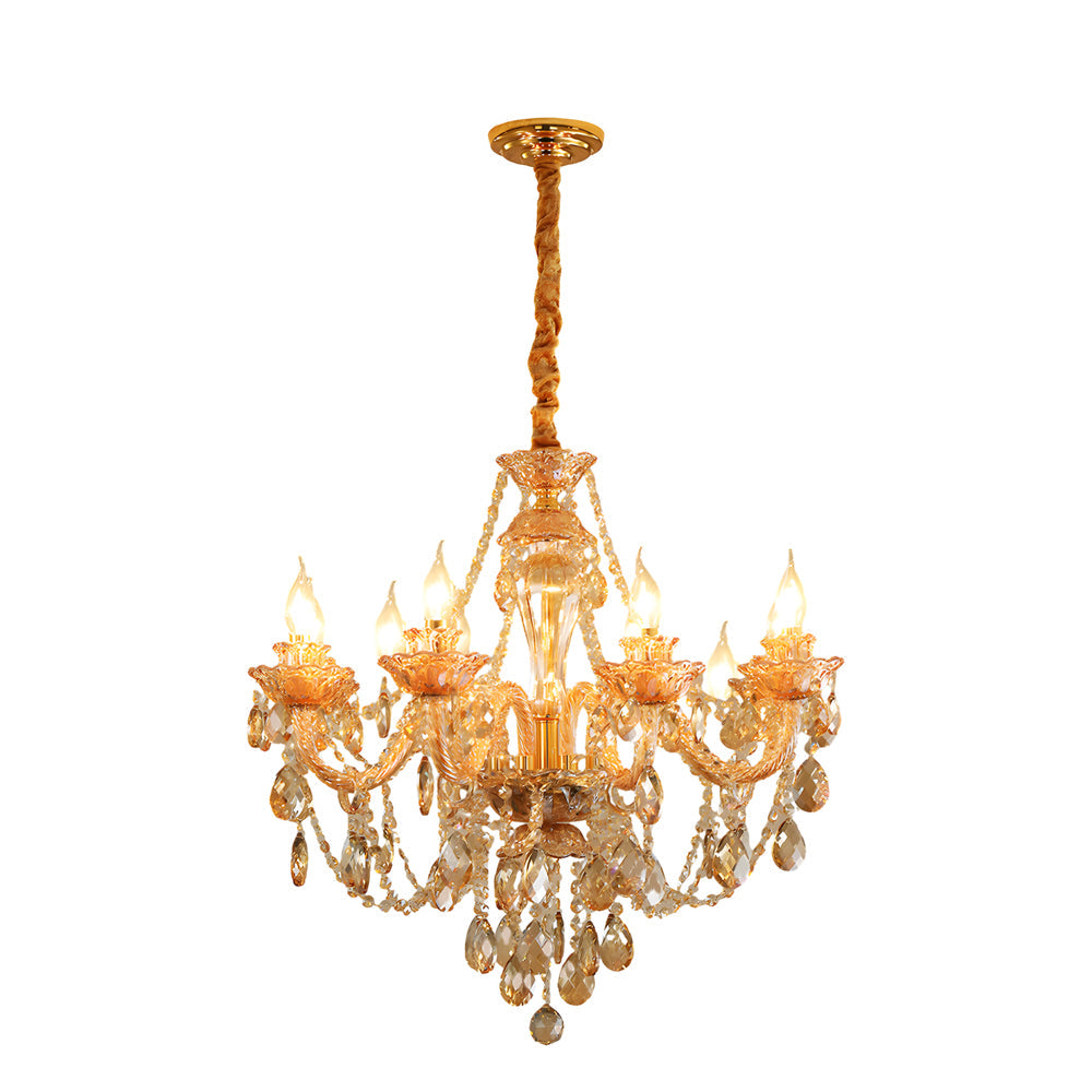 Gold glass candlelight chandelier with a compact multi-arm design shown on a white background.