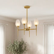 Elegant gold glass modern chandelier featuring frosted tulip-shaped shades and sleek tapered stems in a bright, contemporary room.