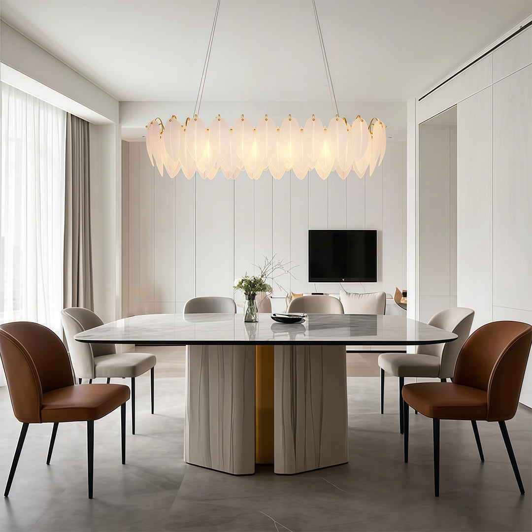 Modern luxury chandeliers with gold finish and horizontal feather glass arrangement