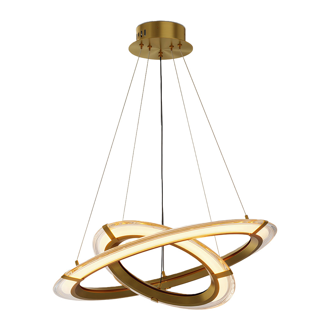 Gold multi-loop modern round chandelier with intertwined illuminated rings.
