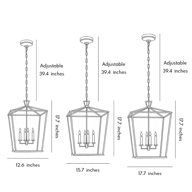 Gold lantern chandelier dimension drawing displaying adjustable hanging heights and fixture sizes.