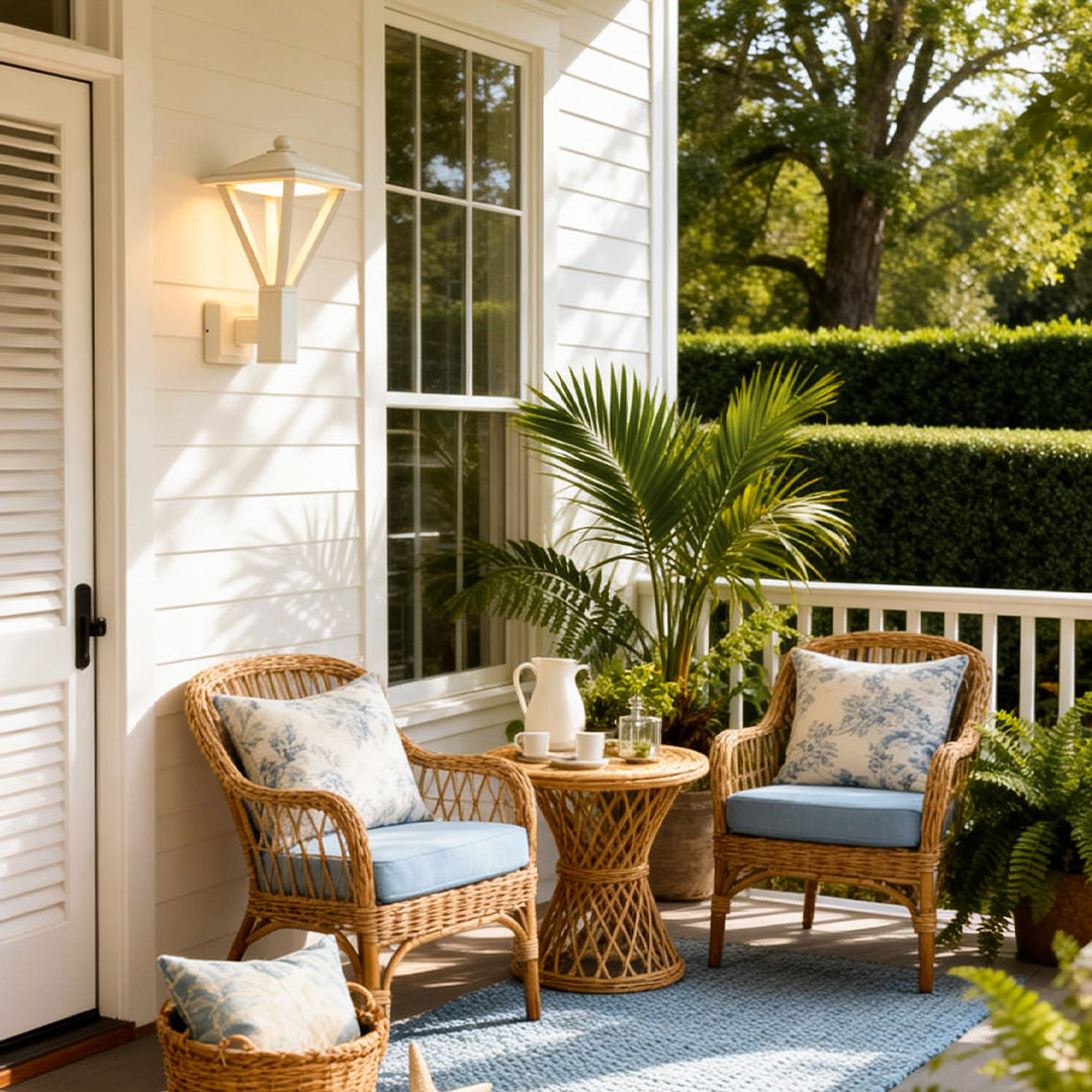 Elegant gold-tone lantern outdoor wall light installed on a white exterior wall, bringing a luxurious touch to wall mounted lights outdoor.