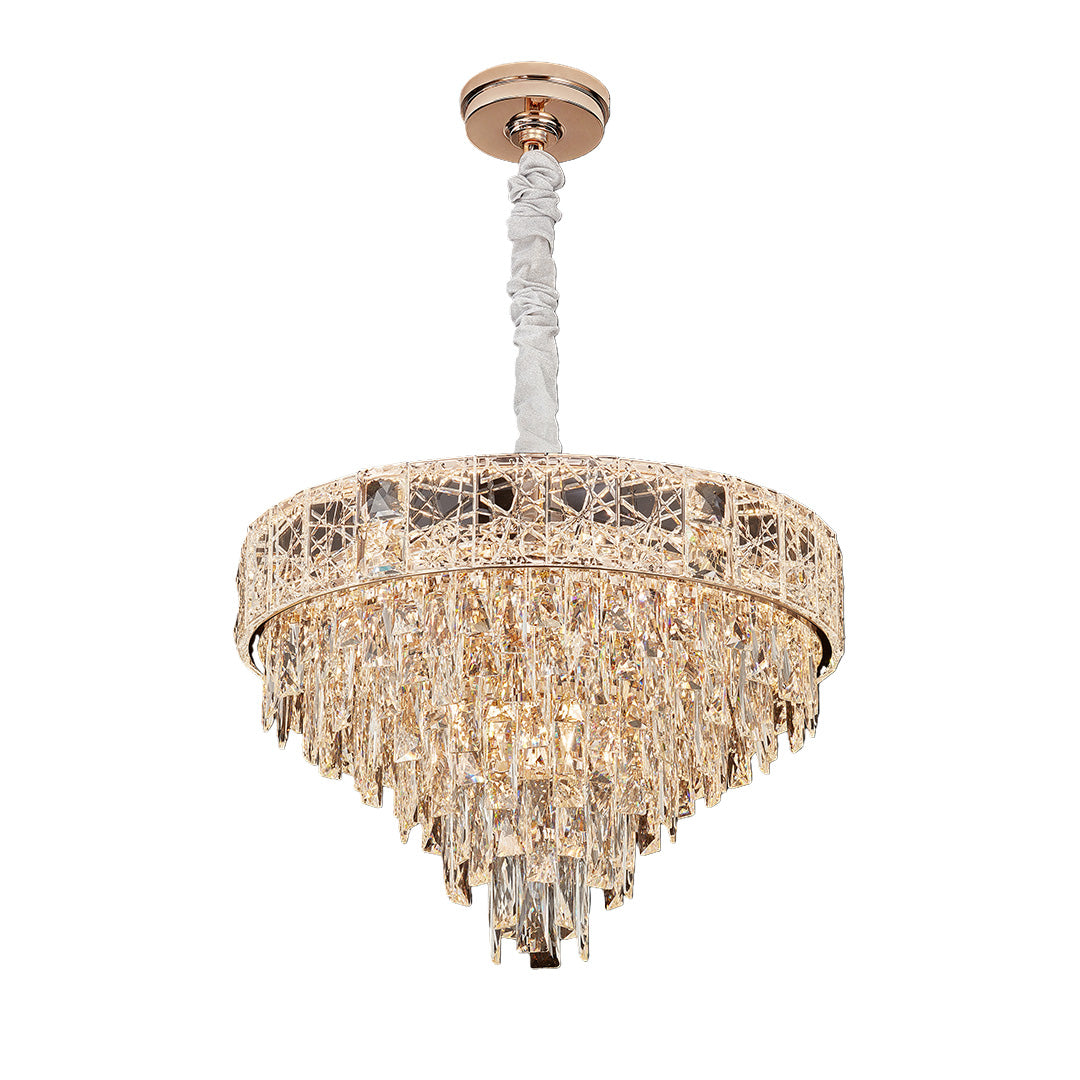 Gold large chandelier crystals with teardrop glass and layered round frame.