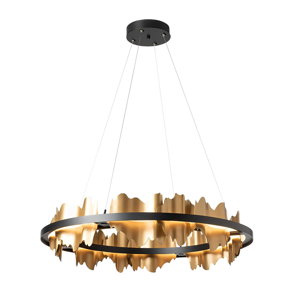 Gold leaf chandelier with a black and gold finish, enhancing a modern interior.