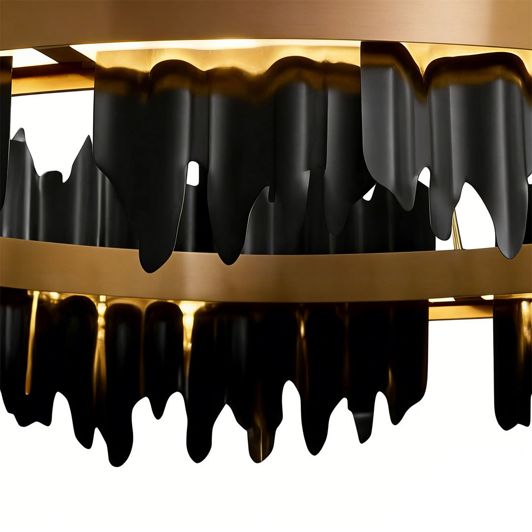 Gold leaf chandelier with a close-up of its gold leaf and modern design.