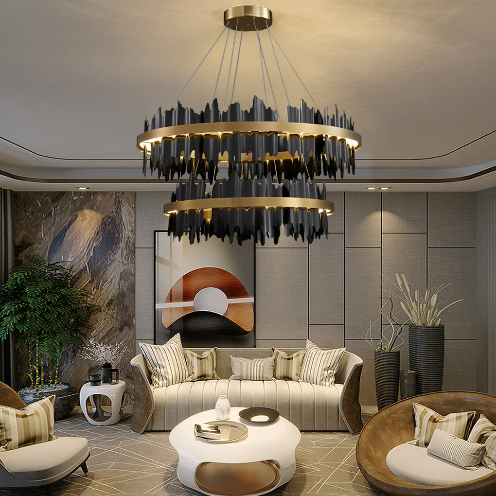 Gold leaf chandelier with a close-up of its intricate gold leaf details.