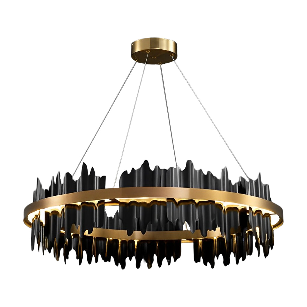 Gold leaf chandelier with a detailed view of its gold leaf and black structure.