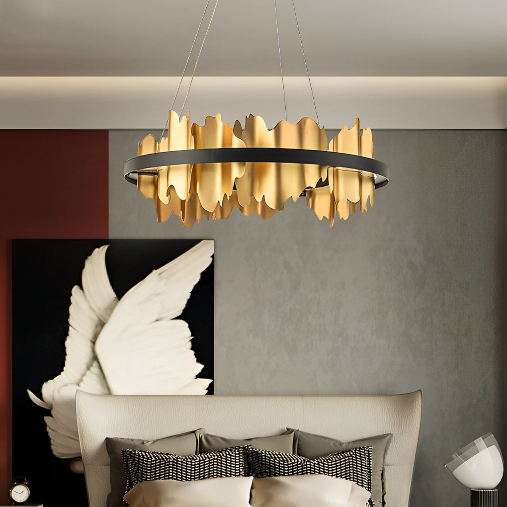 Gold leaf chandelier with a detailed view of its layered gold leaf structure.