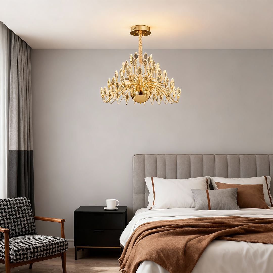 Gold led chandelier with multi-arm design and crystal bud accents, delivering elegant luxury and balanced illumination for modern interiors.