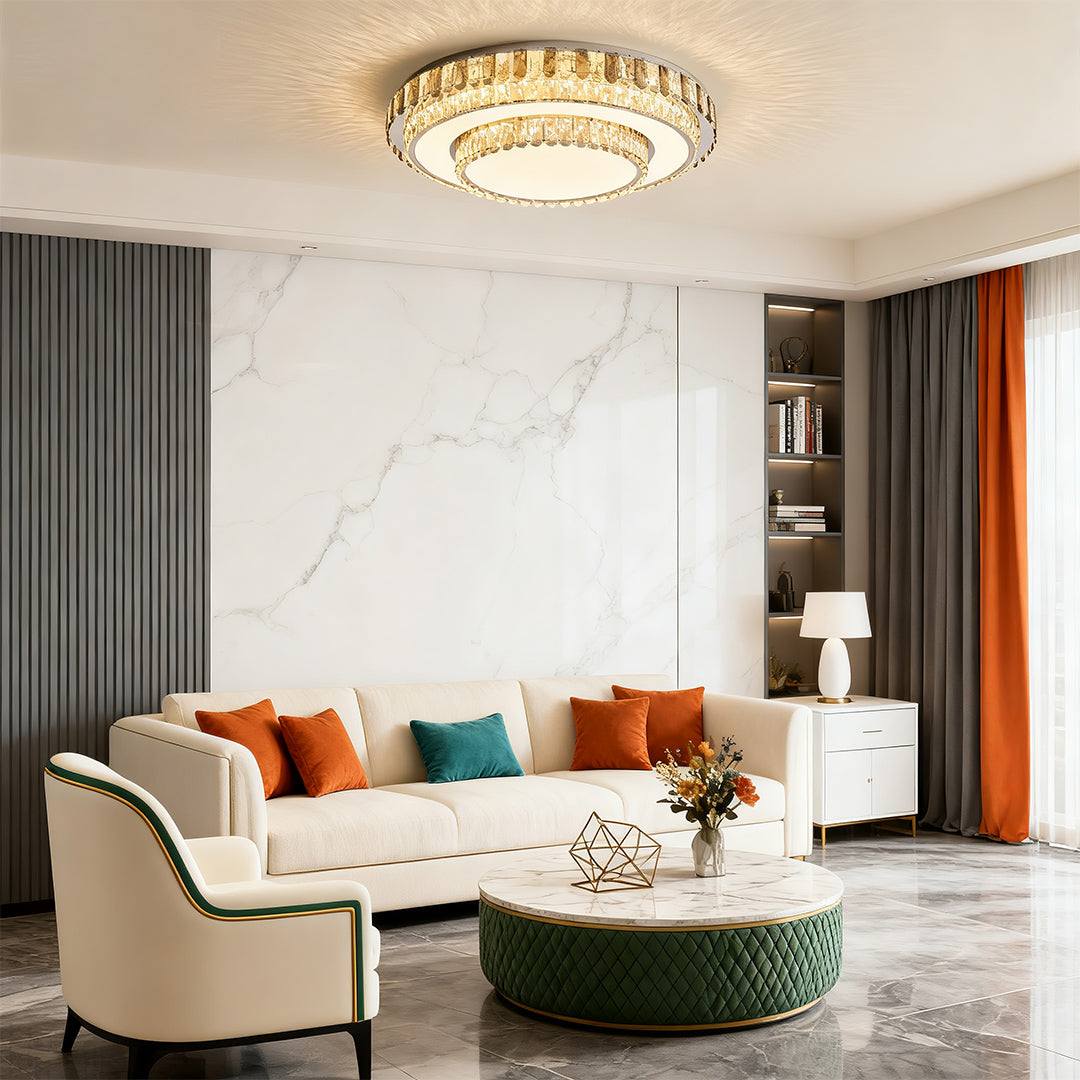 Round LED light fixtures flush mount in a warm-tone living room.