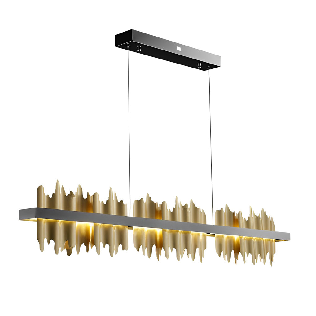 Gold linear pendant light with a detailed view of its gold leaf structure.