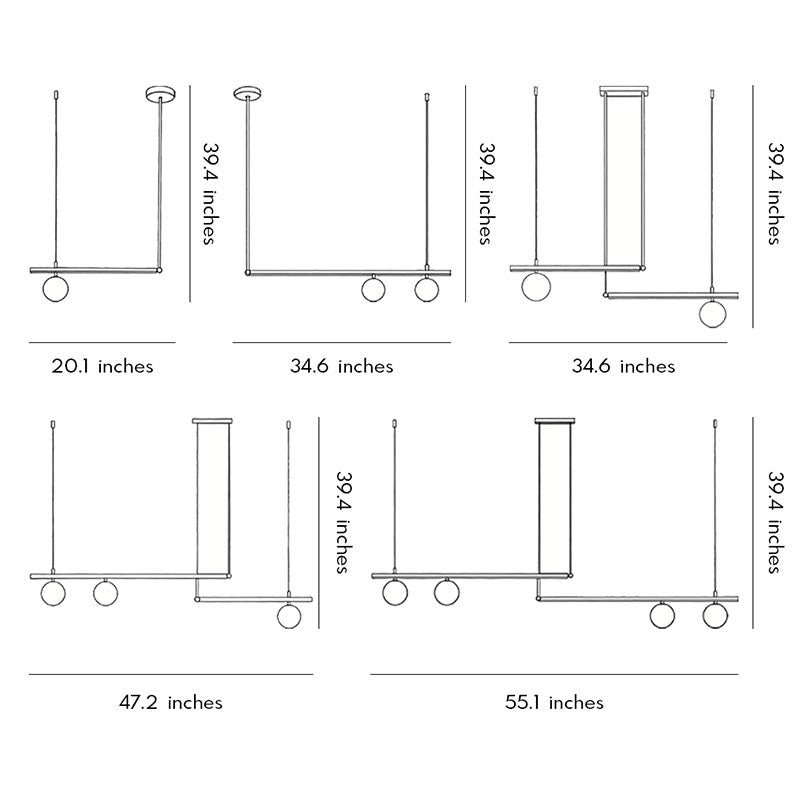 Gold linear pendant light dimension drawing with size measurements.