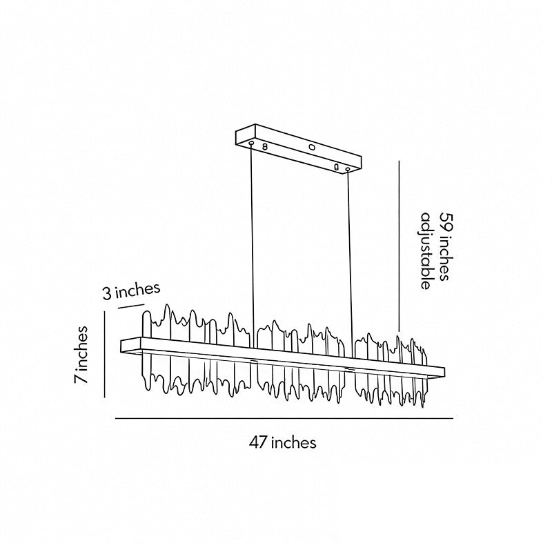 Technical diagram showing dimensions and structure of gold linear pendant light models.