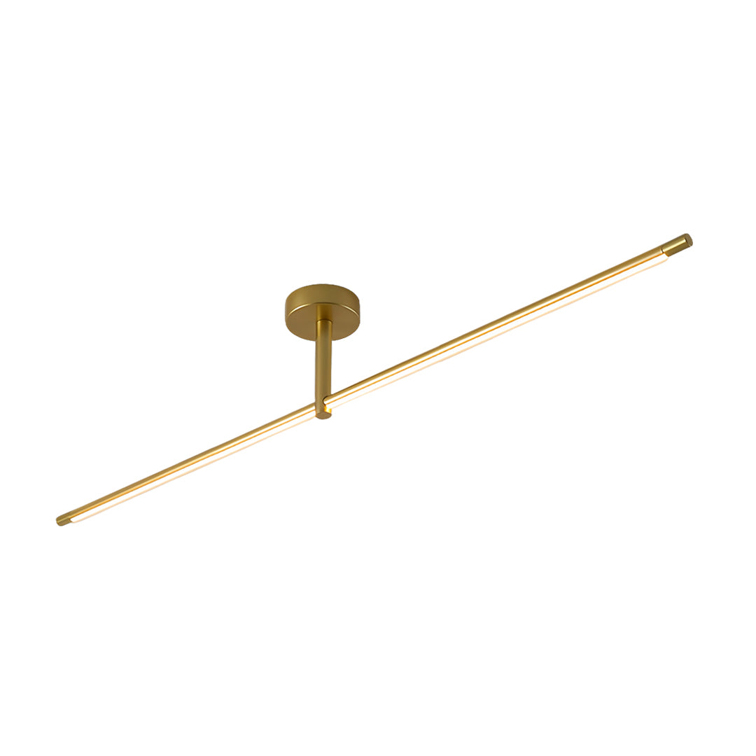 Modern gold linear semi flush mount light with brass finish and sleek LED strip design for ceiling installation, 38.6-inch-width.